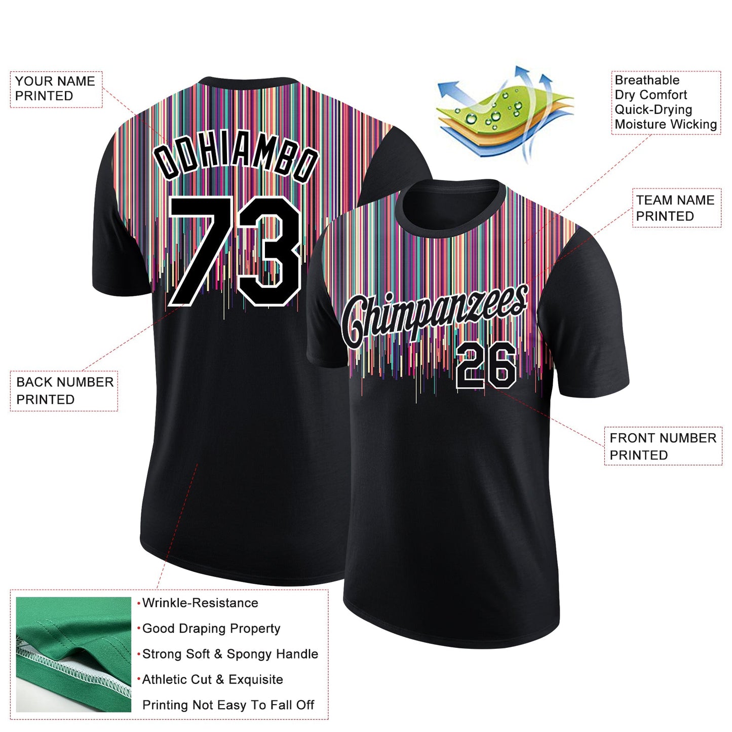 Custom Black White 3D Pattern Design Colorful Lines Performance T-Shirt view 2