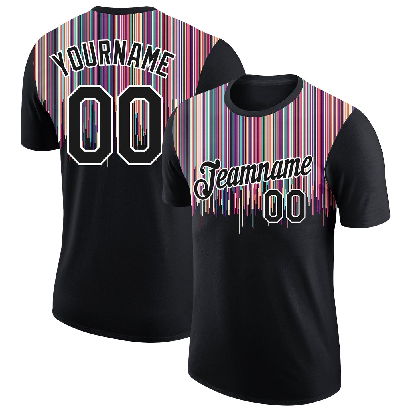 Custom Black White 3D Pattern Design Colorful Lines Performance T-Shirt - Main View