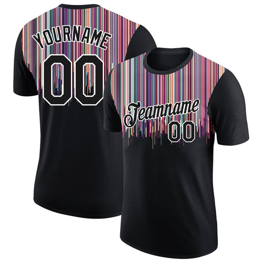 Custom Black White 3D Pattern Design Colorful Lines Performance T-Shirt - Main View