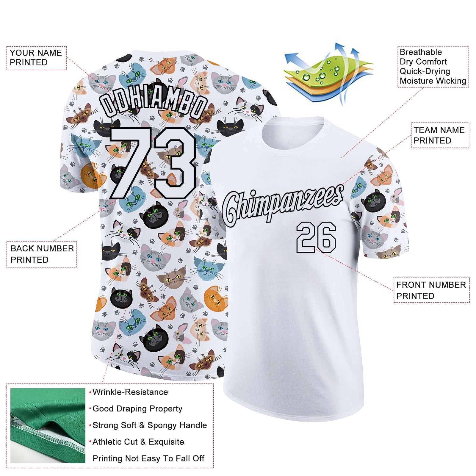 Custom White Black 3D Pattern Design Animal Cat Performance T-Shirt view 2
