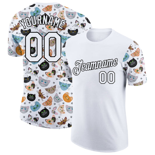 Custom White Black 3D Pattern Design Animal Cat Performance T-Shirt - Main View