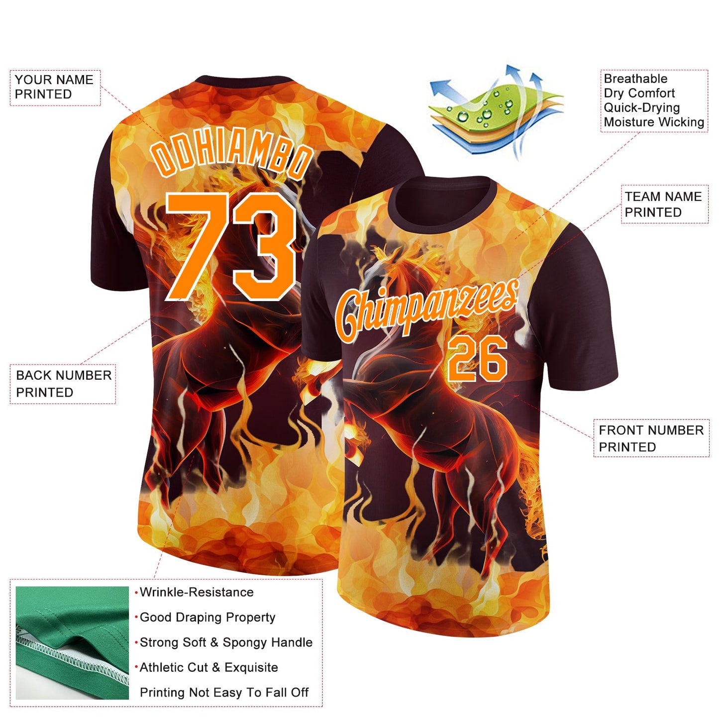 Custom Brown Bay Orange-White 3D Pattern Design Animal Horse In Flames Performance T-Shirt view 2