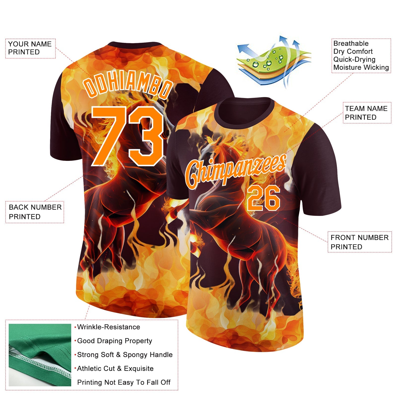 Custom Brown Bay Orange-White 3D Pattern Design Animal Horse In Flames Performance T-Shirt view 2