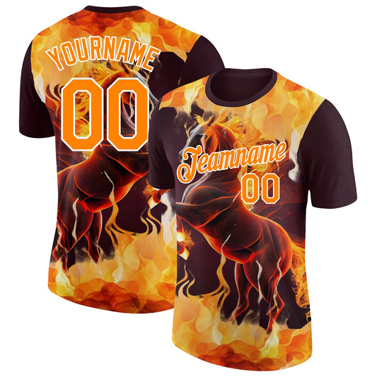 Custom Brown Bay Orange-White 3D Pattern Design Animal Horse In Flames Performance T-Shirt - Main View