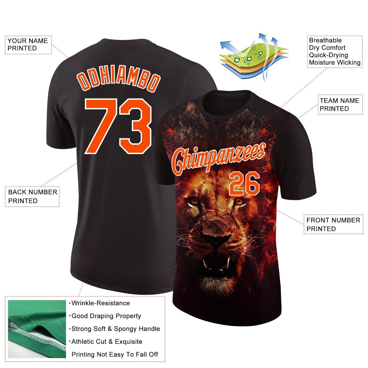 Custom Black Orange-White 3D Pattern Design Animal Lion Performance T-Shirt view 2