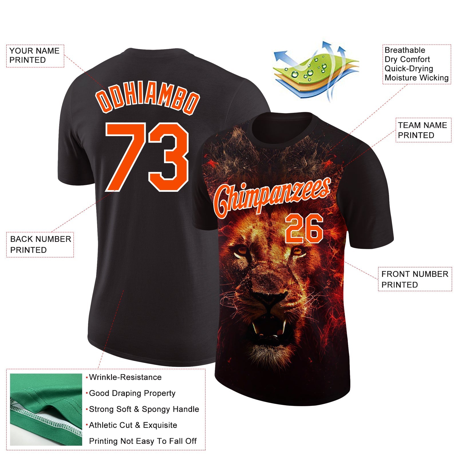 Custom Black Orange-White 3D Pattern Design Animal Lion Performance T-Shirt view 2