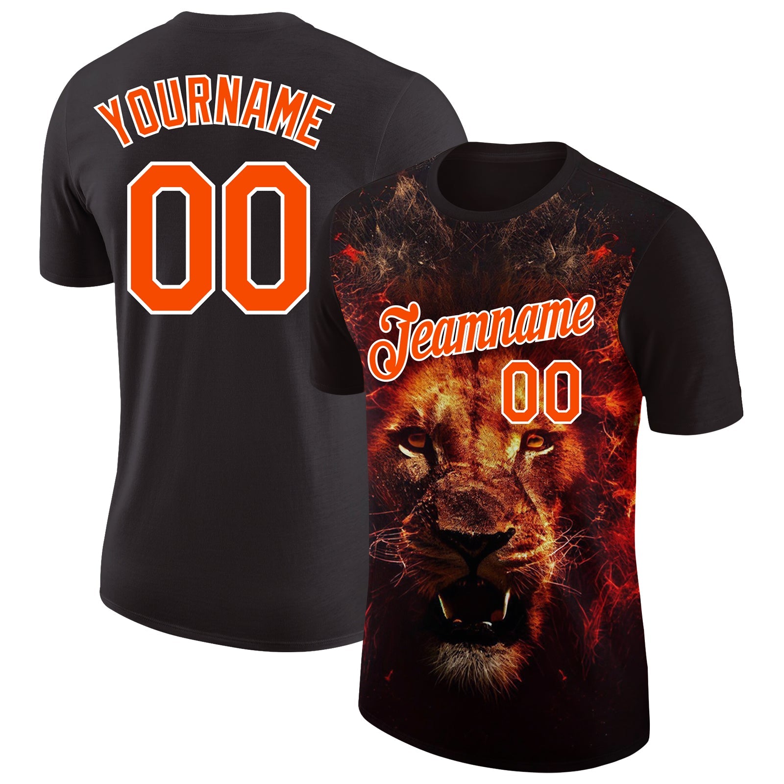 Custom Black Orange-White 3D Pattern Design Animal Lion Performance T-Shirt - Main View