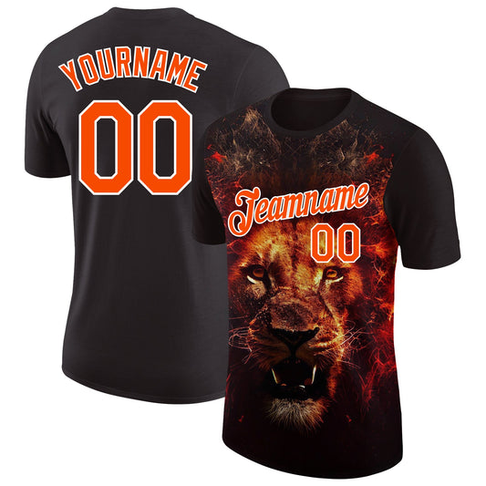 Custom Black Orange-White 3D Pattern Design Animal Lion Performance T-Shirt - Main View
