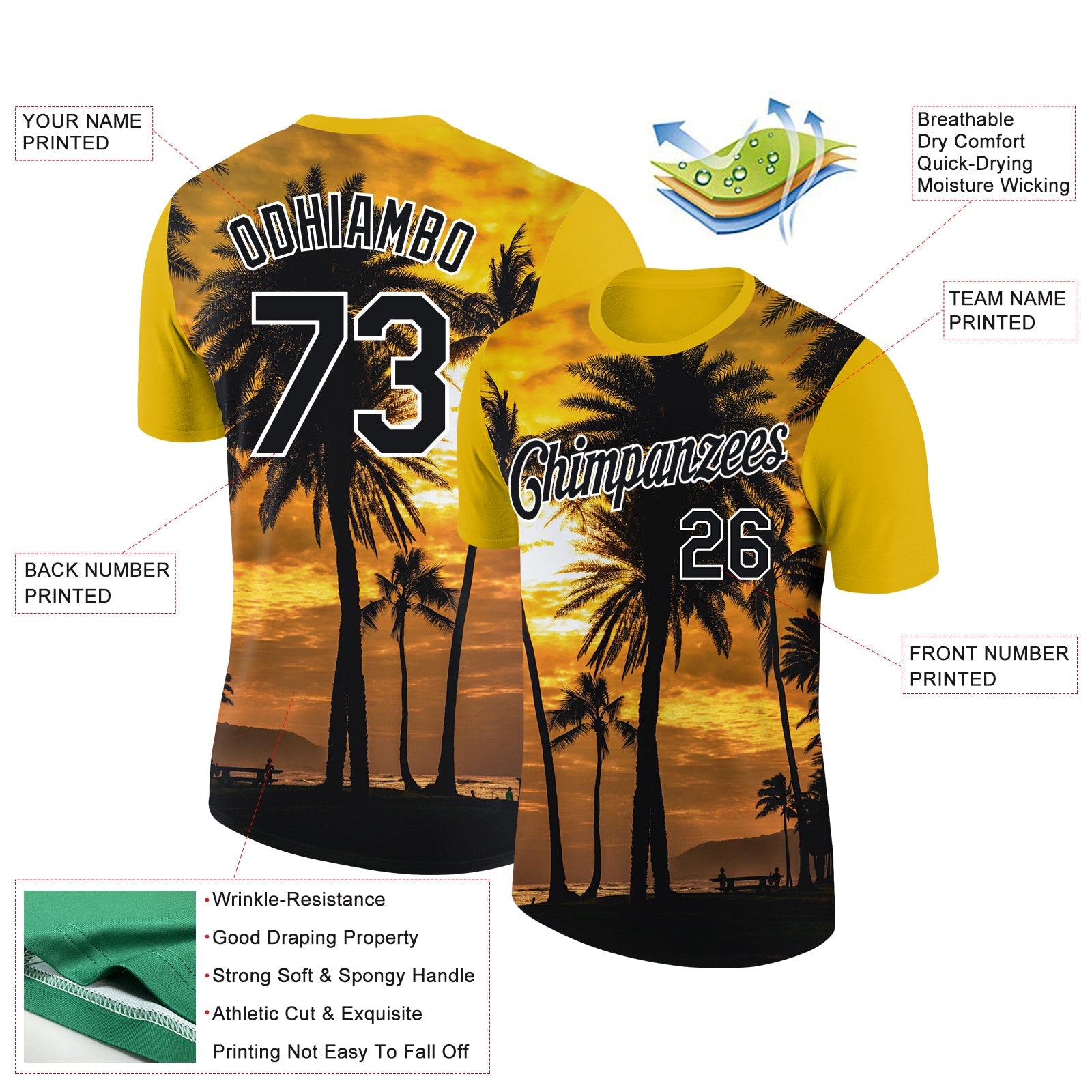 Custom Gold Black-White 3D Pattern Design Hawaii Palm Trees Performance T-Shirt view 2