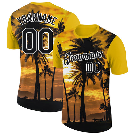 Custom Gold Black-White 3D Pattern Design Hawaii Palm Trees Performance T-Shirt - Main View