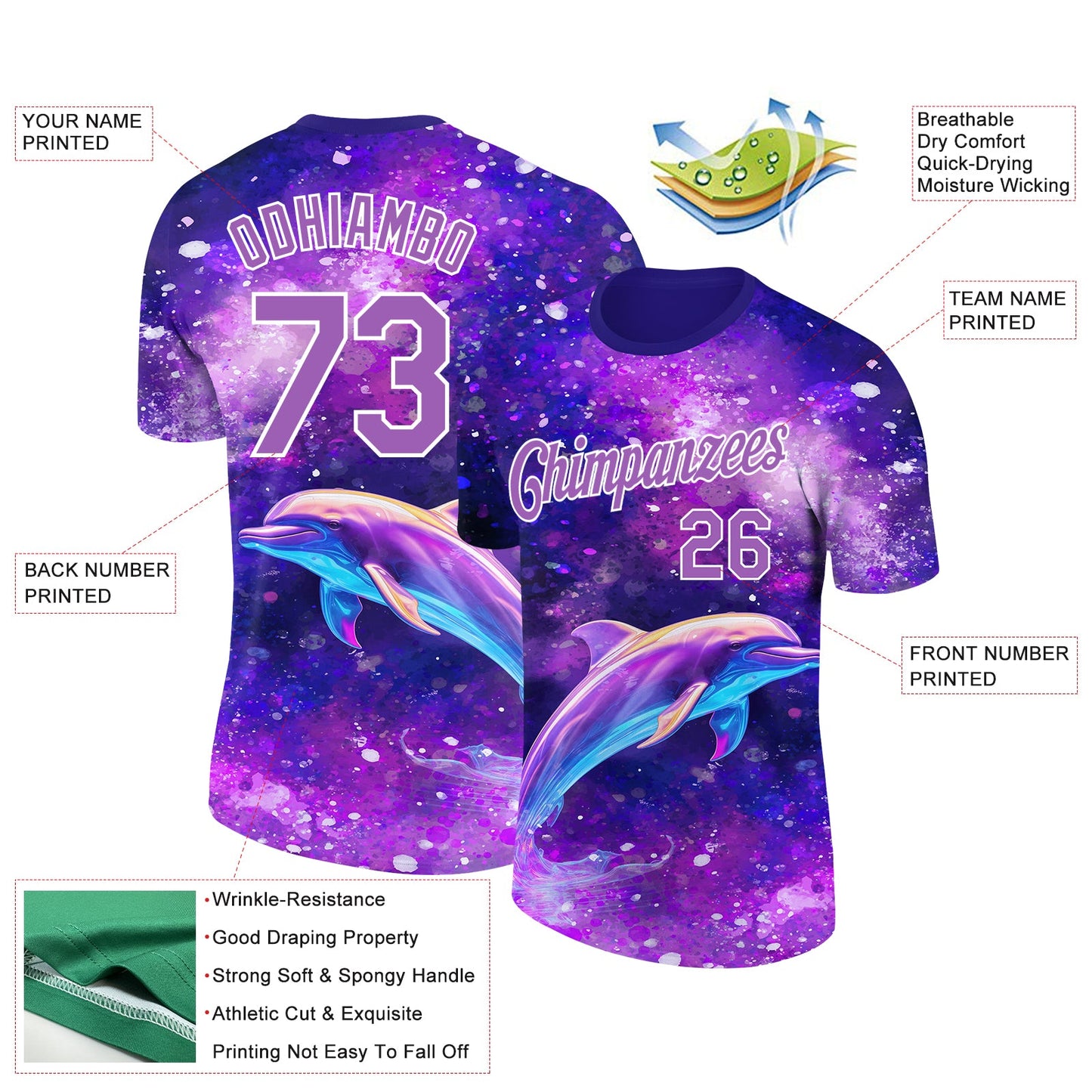 Custom Purple Medium Purple-White 3D Pattern Design Animal Dolphin Performance T-Shirt view 2