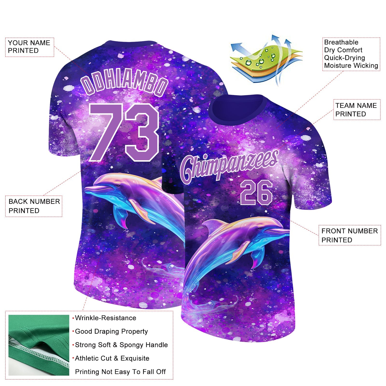 Custom Purple Medium Purple-White 3D Pattern Design Animal Dolphin Performance T-Shirt view 2