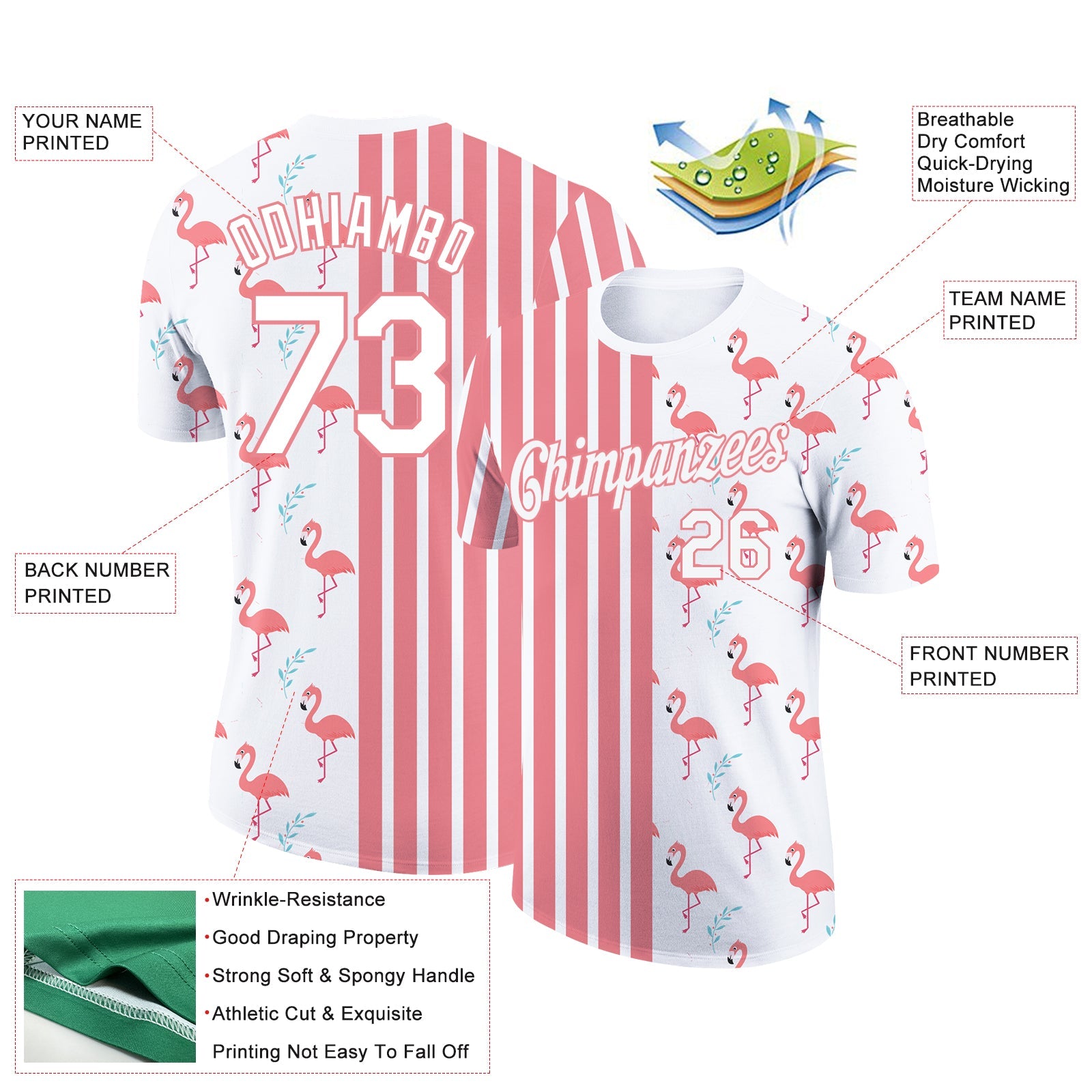 Custom White Medium Pink 3D Pattern Design Animal Flamingo Performance T-Shirt view 2