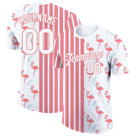 Custom White Medium Pink 3D Pattern Design Animal Flamingo Performance T-Shirt - Main View