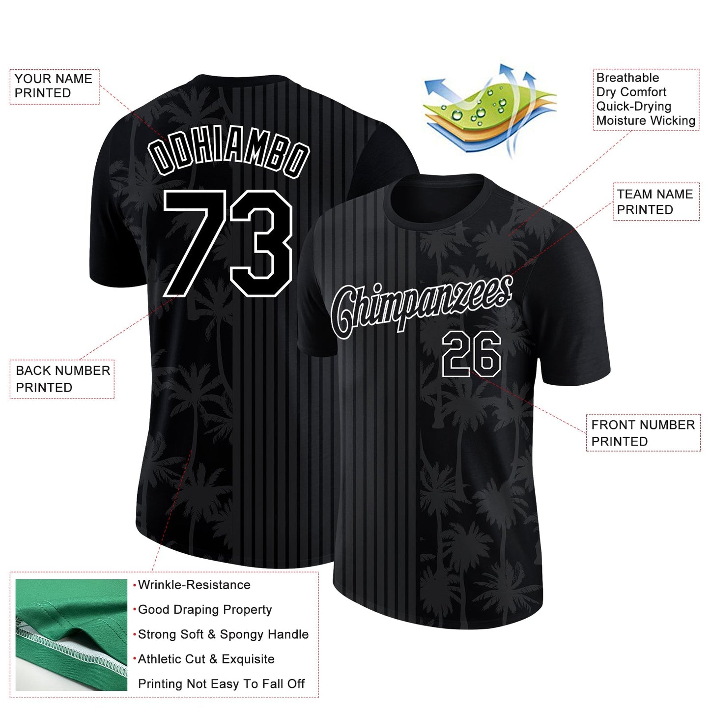 Custom Black White 3D Pattern Design Hawaii Palm Trees Performance T-Shirt view 2