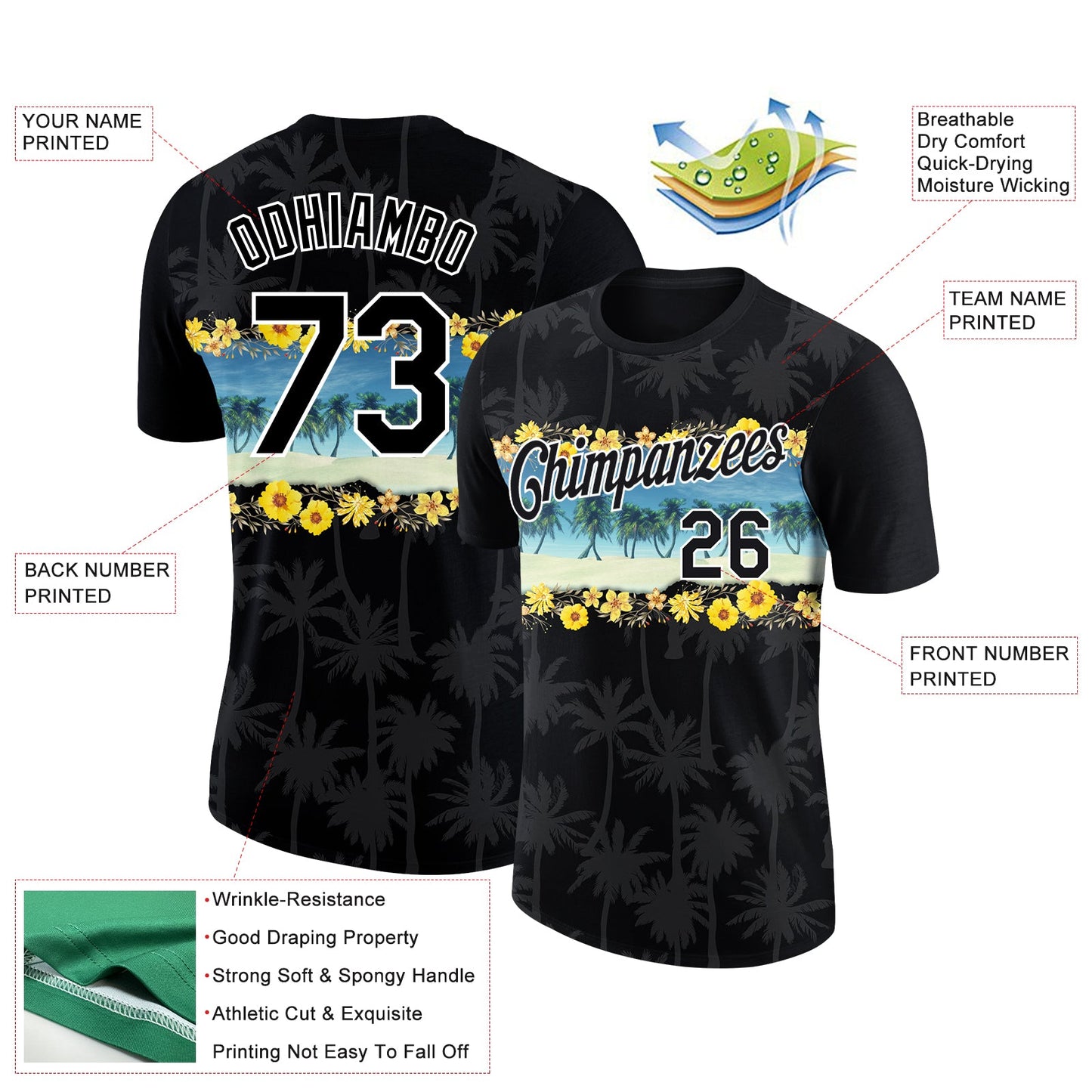 Custom Black White 3D Pattern Design Hawaii Palm Trees On Beach Performance T-Shirt view 2