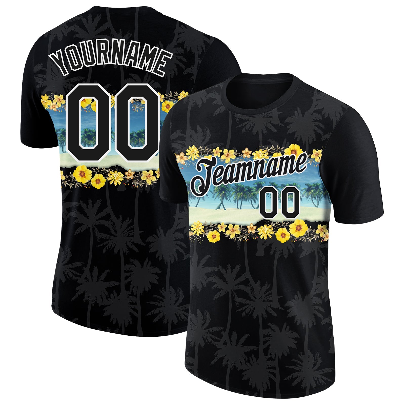 Custom Black White 3D Pattern Design Hawaii Palm Trees On Beach Performance T-Shirt - Main View