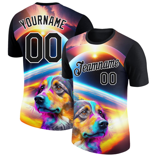 Custom Black White 3D Pattern Design Rave Animal Dog Performance T-Shirt - Main View