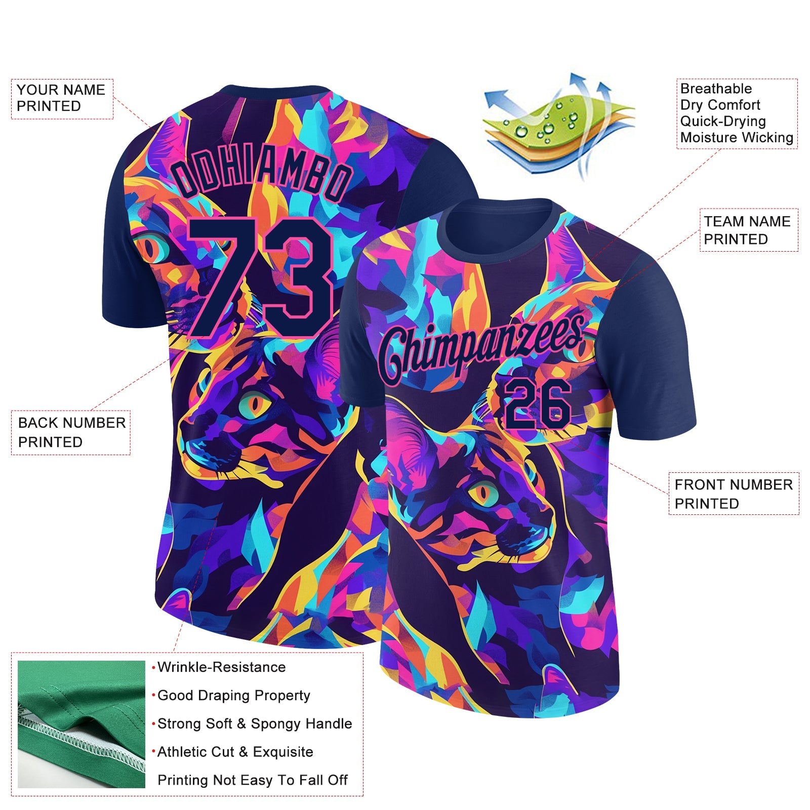 Custom Navy Pink 3D Pattern Design Rave Animal Cat Performance T-Shirt view 2
