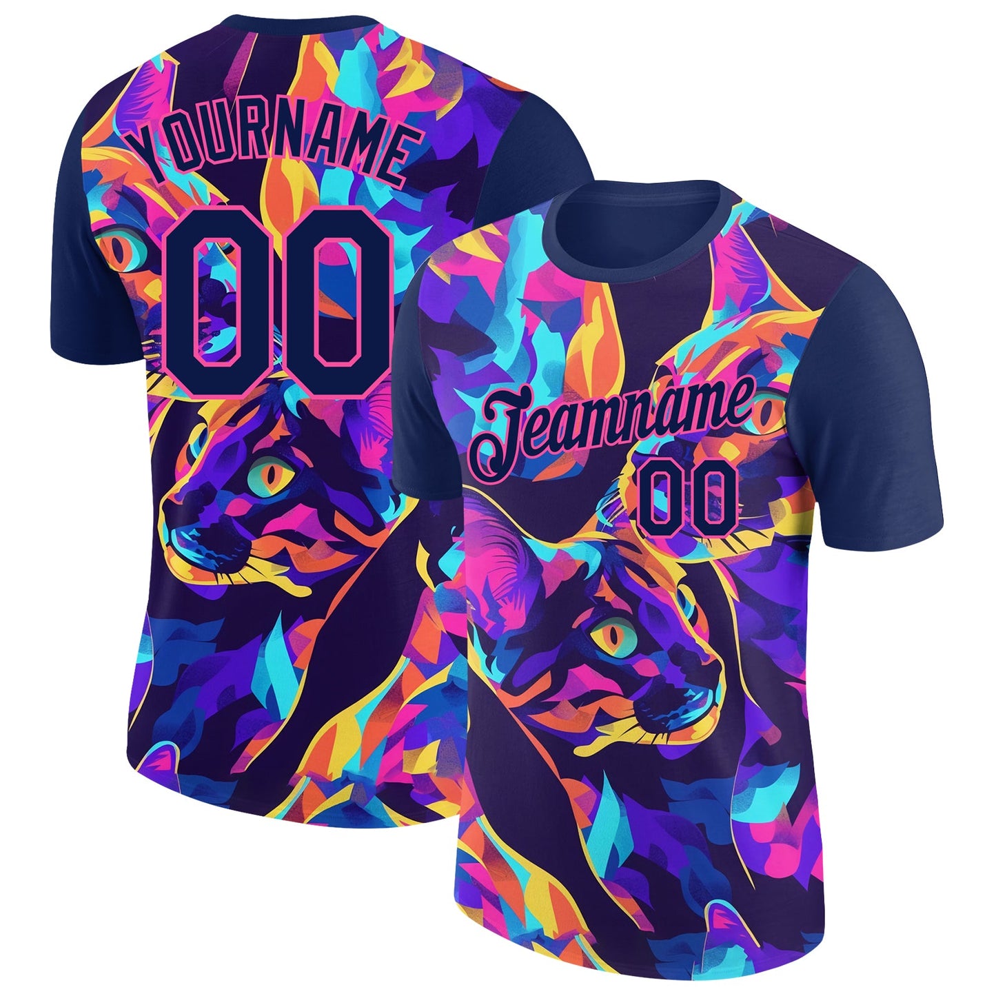 Custom Navy Pink 3D Pattern Design Rave Animal Cat Performance T-Shirt - Main View