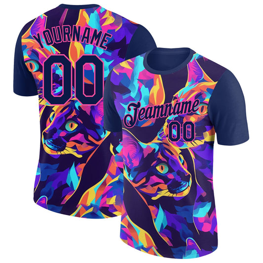 Custom Navy Pink 3D Pattern Design Rave Animal Cat Performance T-Shirt - Main View