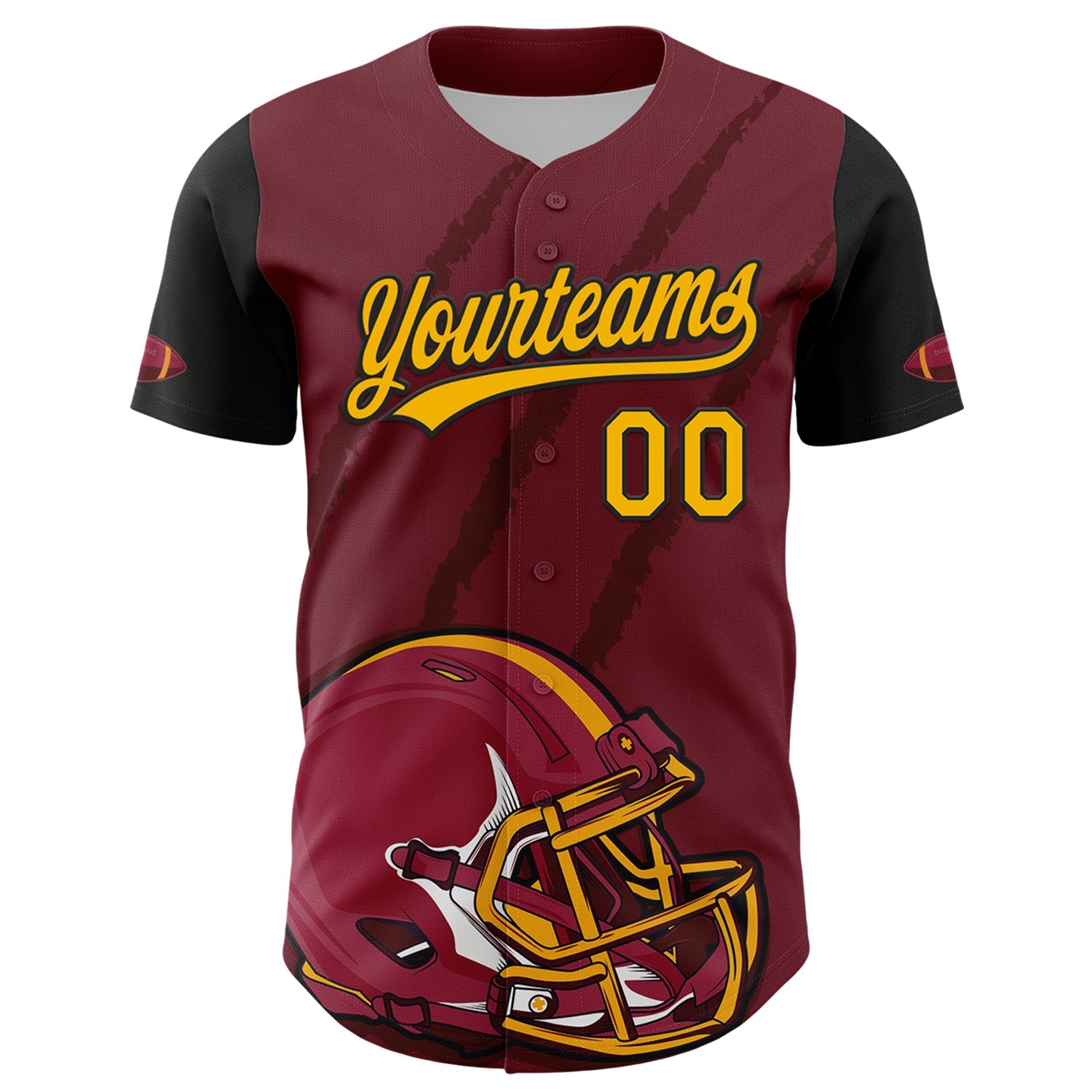 Custom Crimson Gold-Black 3D Pattern Design Football Helmet And Animal Claw Authentic Baseball Jersey view 2