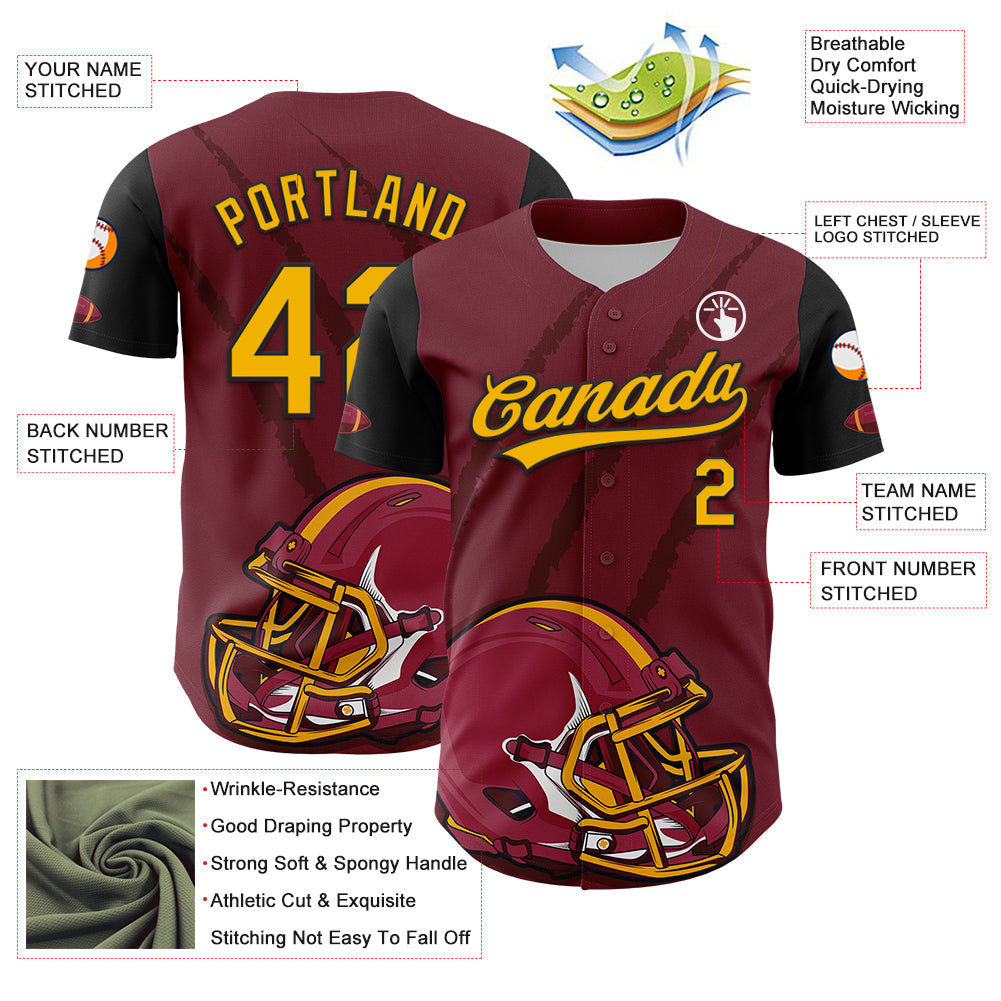 Custom Crimson Gold-Black 3D Pattern Design Football Helmet And Animal Claw Authentic Baseball Jersey view 3