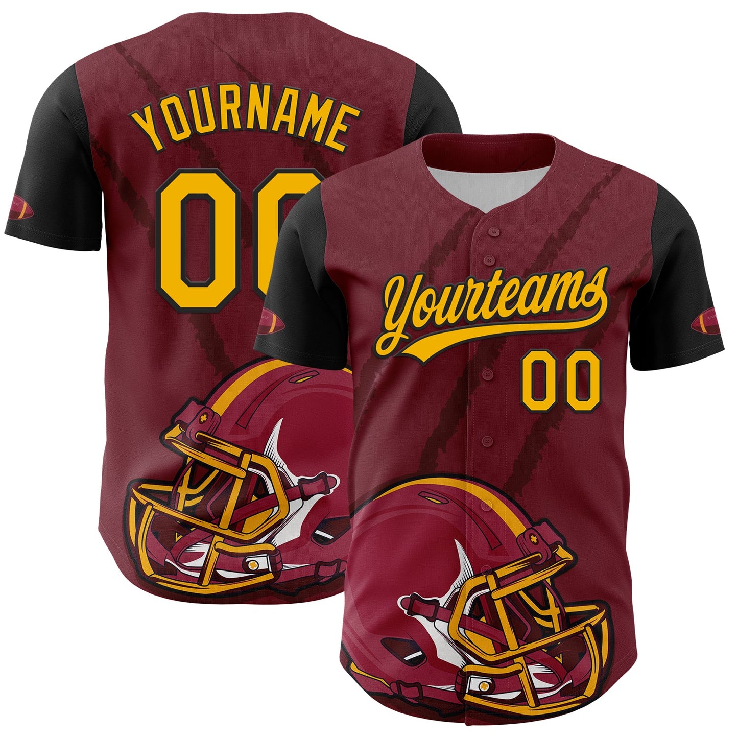 Custom Crimson Gold-Black 3D Pattern Design Football Helmet And Animal Claw Authentic Baseball Jersey - Main View
