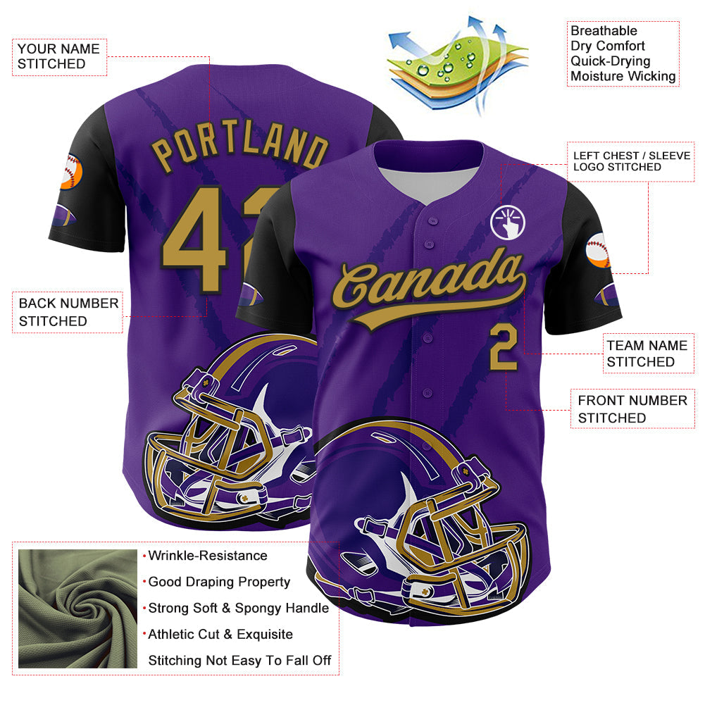 Custom Purple Old Gold-Black 3D Pattern Design Football Helmet And Animal Claw Authentic Baseball Jersey view 3