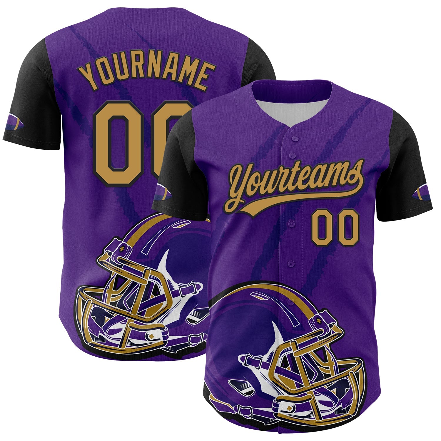 Custom Purple Old Gold-Black 3D Pattern Design Football Helmet And Animal Claw Authentic Baseball Jersey - Main View
