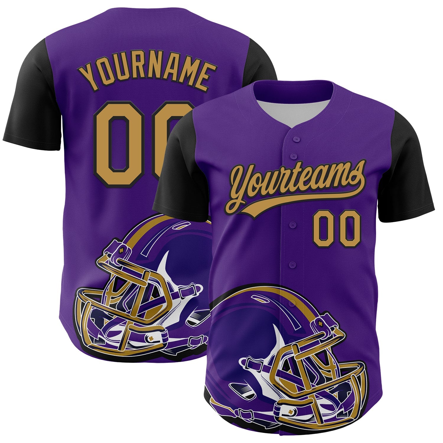 Custom Purple Old Gold-Black 3D Pattern Design Football Helmet Authentic Baseball Jersey - Main View