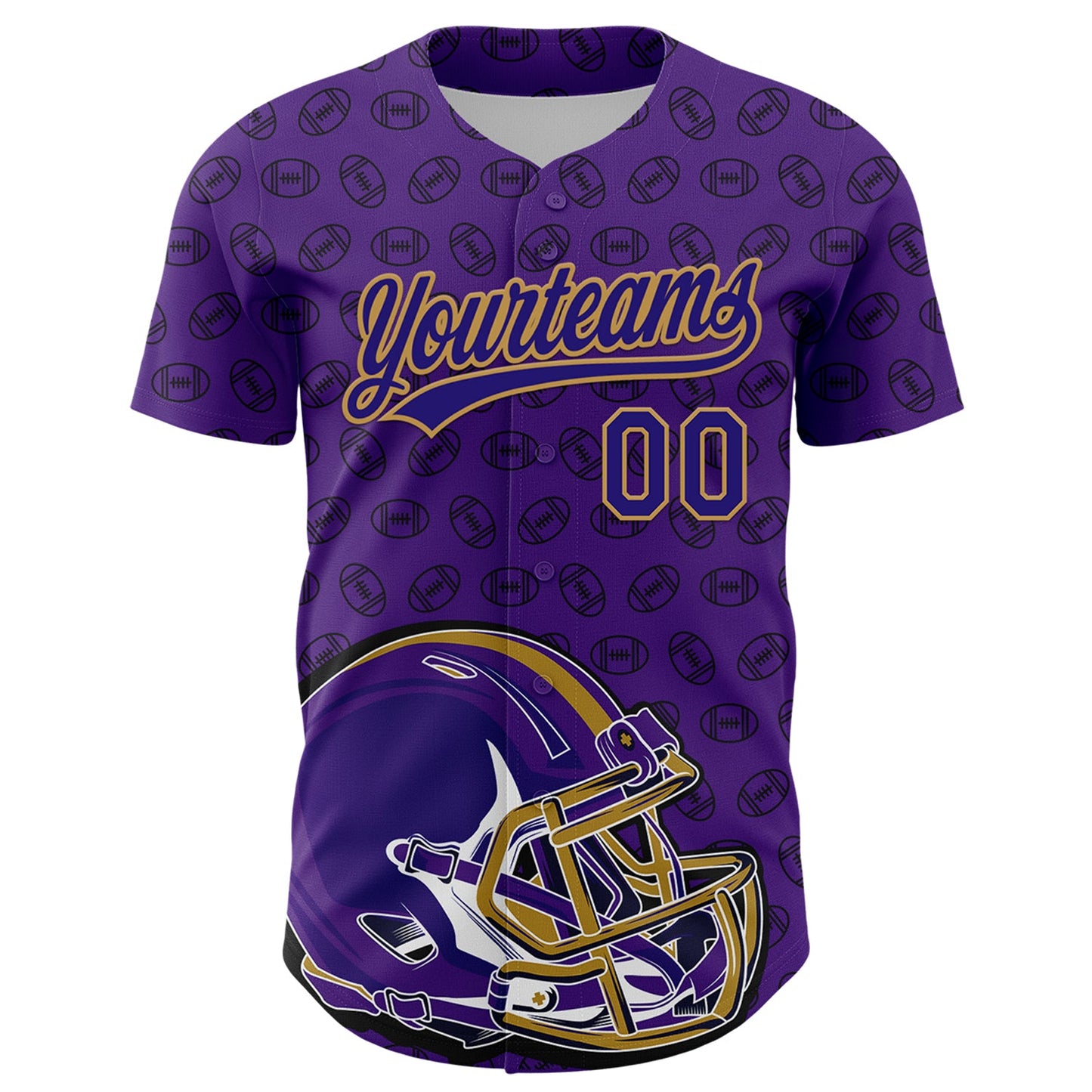 Custom Purple Dark Purple-Old Gold 3D Pattern Design Football Helmet And Ball Authentic Baseball Jersey view 2
