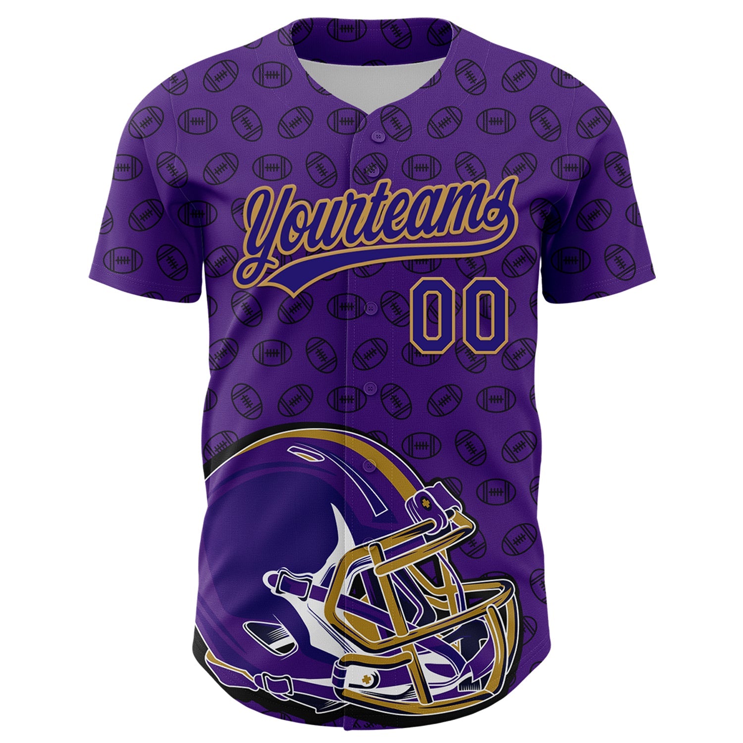 Custom Purple Dark Purple-Old Gold 3D Pattern Design Football Helmet And Ball Authentic Baseball Jersey view 2