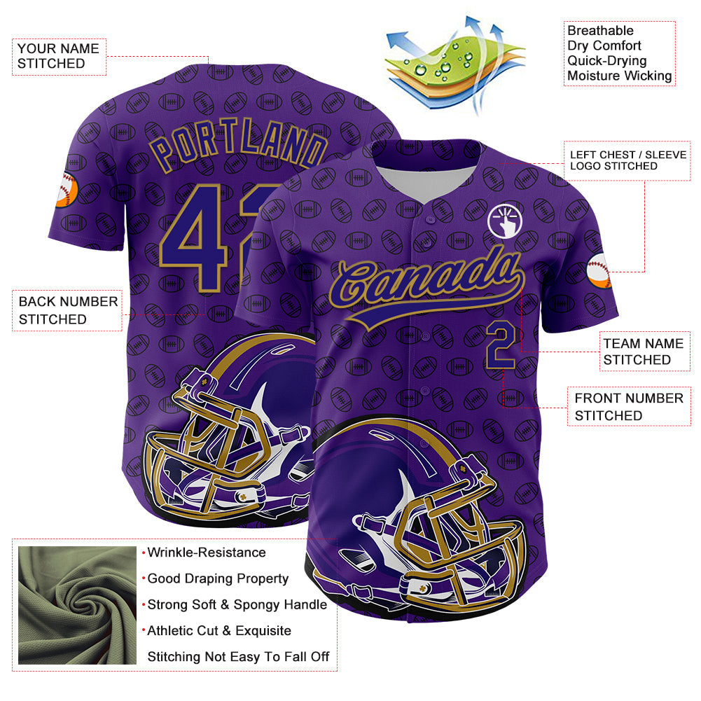 Custom Purple Dark Purple-Old Gold 3D Pattern Design Football Helmet And Ball Authentic Baseball Jersey view 3