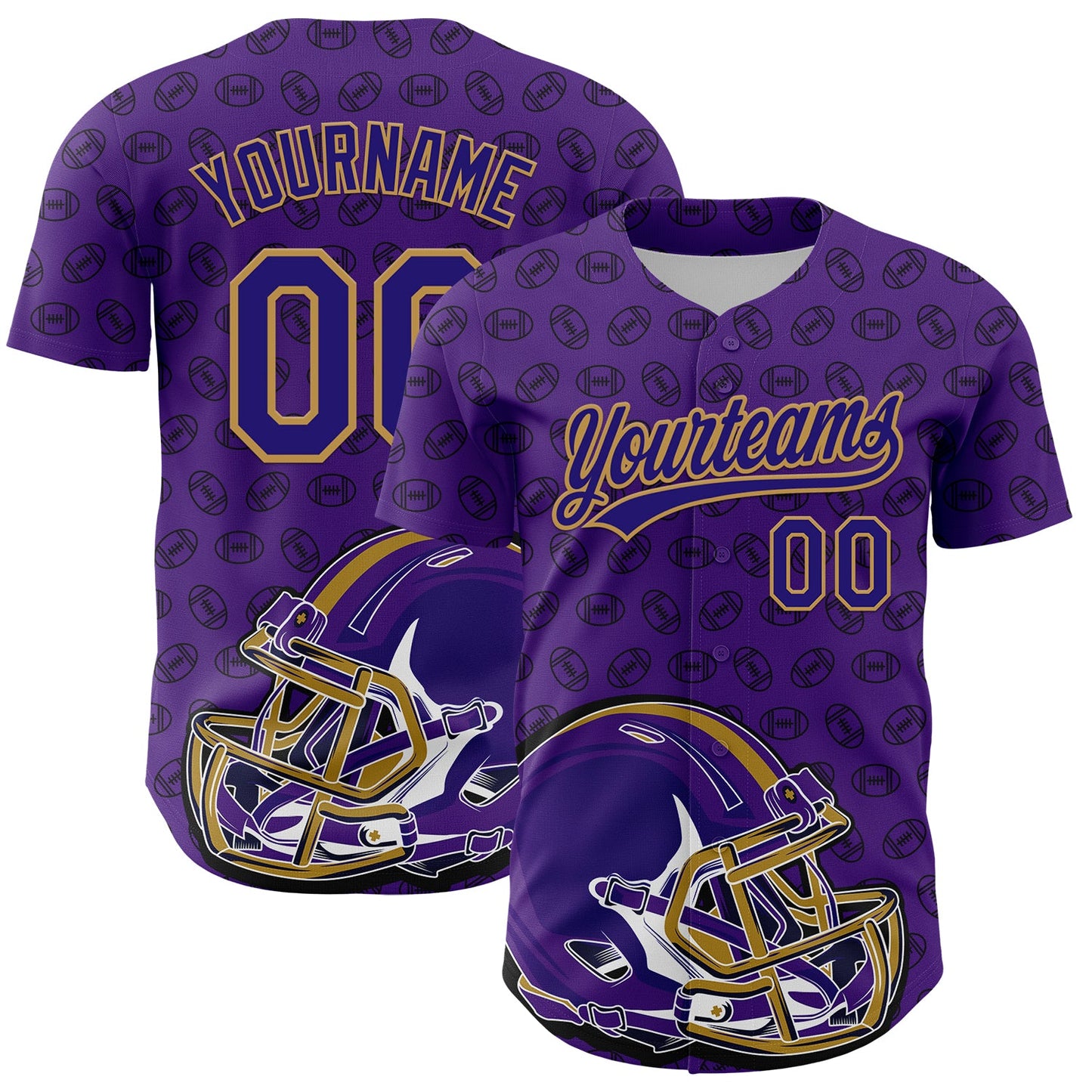 Custom Purple Dark Purple-Old Gold 3D Pattern Design Football Helmet And Ball Authentic Baseball Jersey - Main View