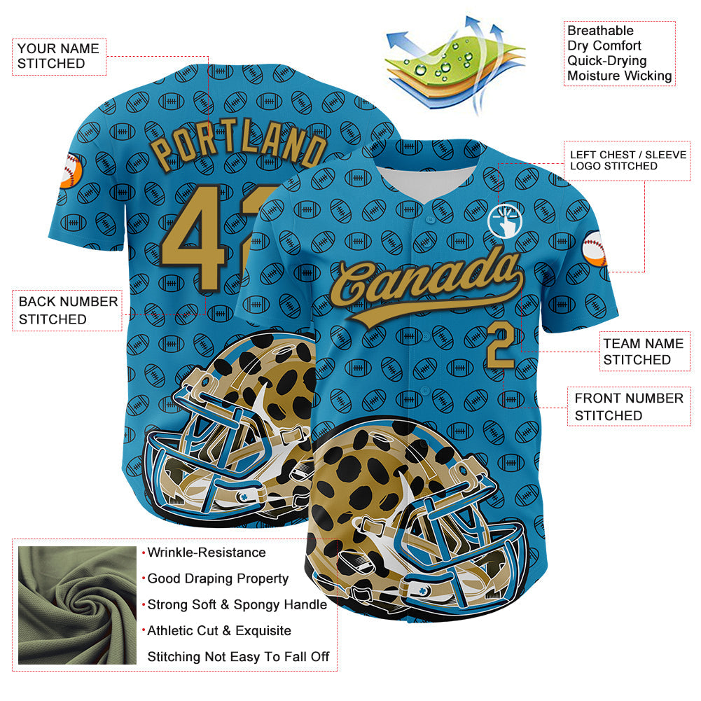 Custom Panther Blue Old Gold-Black 3D Pattern Design Football Jaguar Helmet And Ball Authentic Baseball Jersey view 3