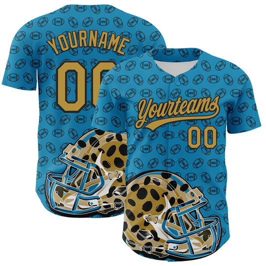 Custom Panther Blue Old Gold-Black 3D Pattern Design Football Jaguar Helmet And Ball Authentic Baseball Jersey - Main View