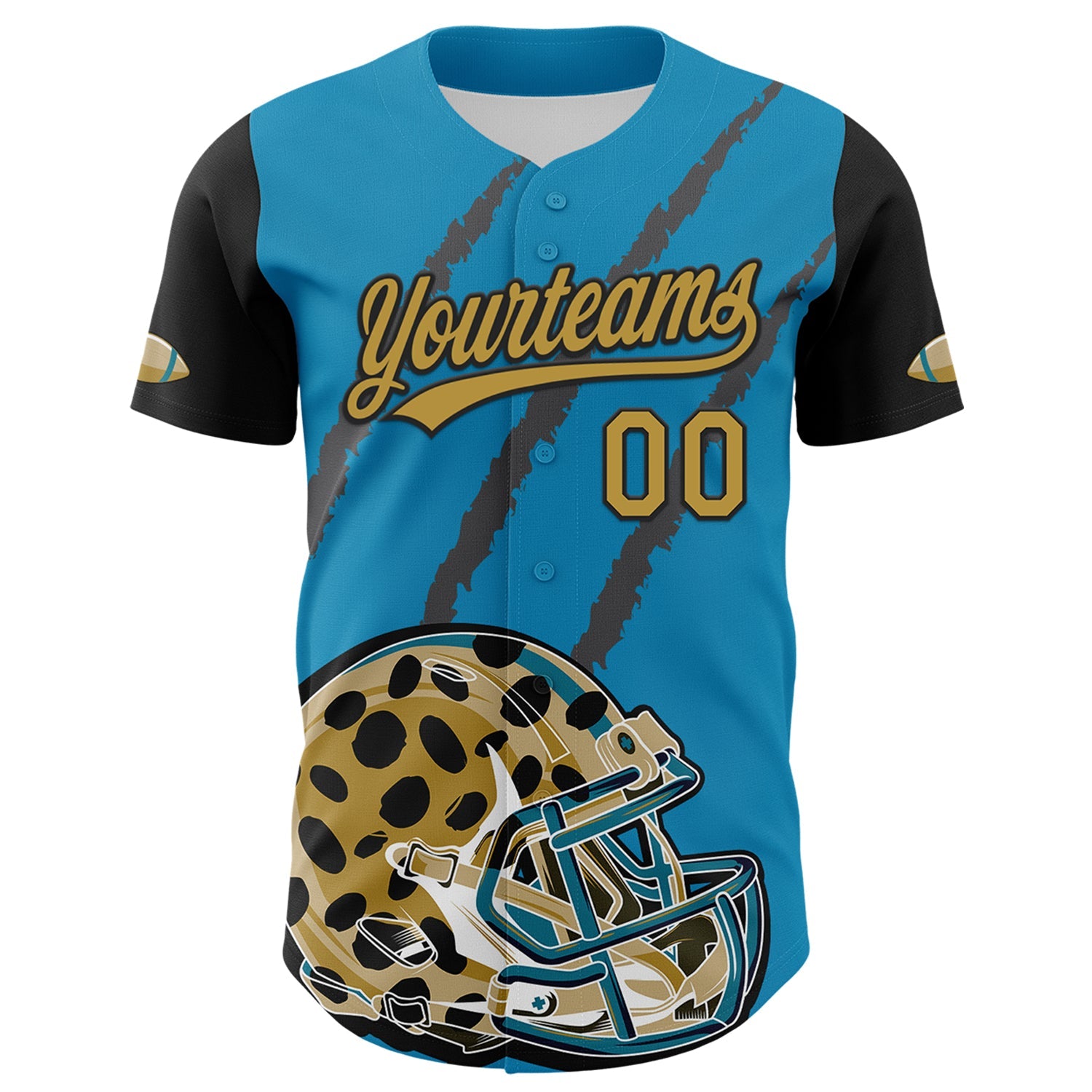 Custom Panther Blue Old Gold-Black 3D Pattern Design Football Jaguar Helmet And Animal Claw Authentic Baseball Jersey view 2