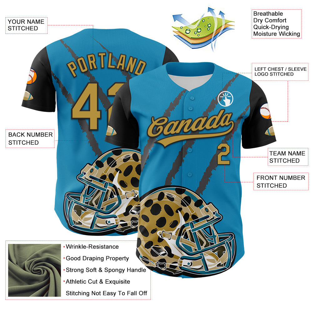 Custom Panther Blue Old Gold-Black 3D Pattern Design Football Jaguar Helmet And Animal Claw Authentic Baseball Jersey view 3