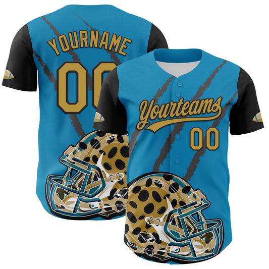 Custom Panther Blue Old Gold-Black 3D Pattern Design Football Jaguar Helmet And Animal Claw Authentic Baseball Jersey - Main View