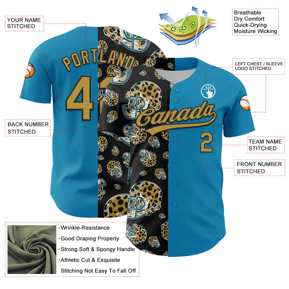 Custom Panther Blue Old Gold-Black 3D Pattern Design Football Jaguar Helmet Authentic Baseball Jersey view 3