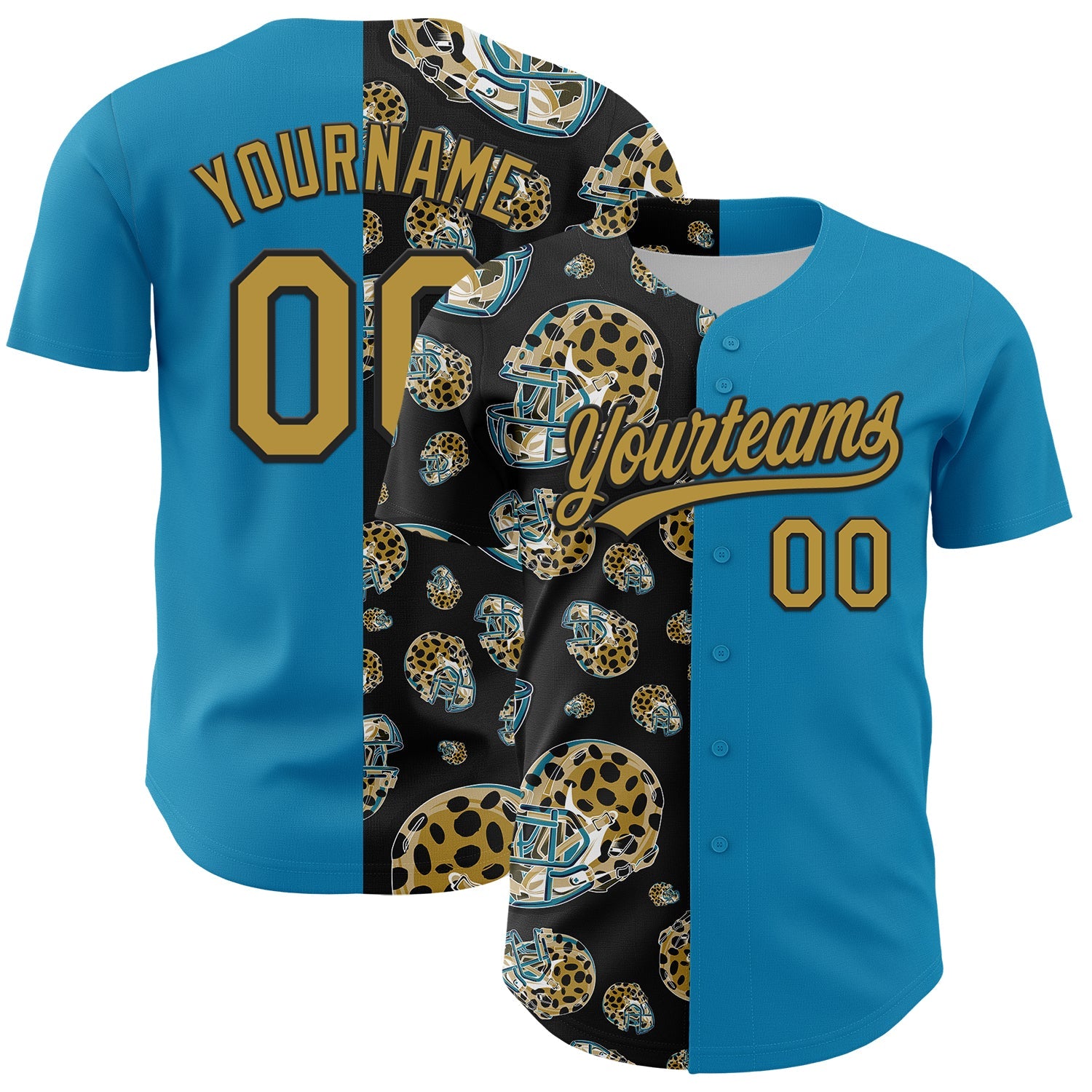 Custom Panther Blue Old Gold-Black 3D Pattern Design Football Jaguar Helmet Authentic Baseball Jersey - Main View