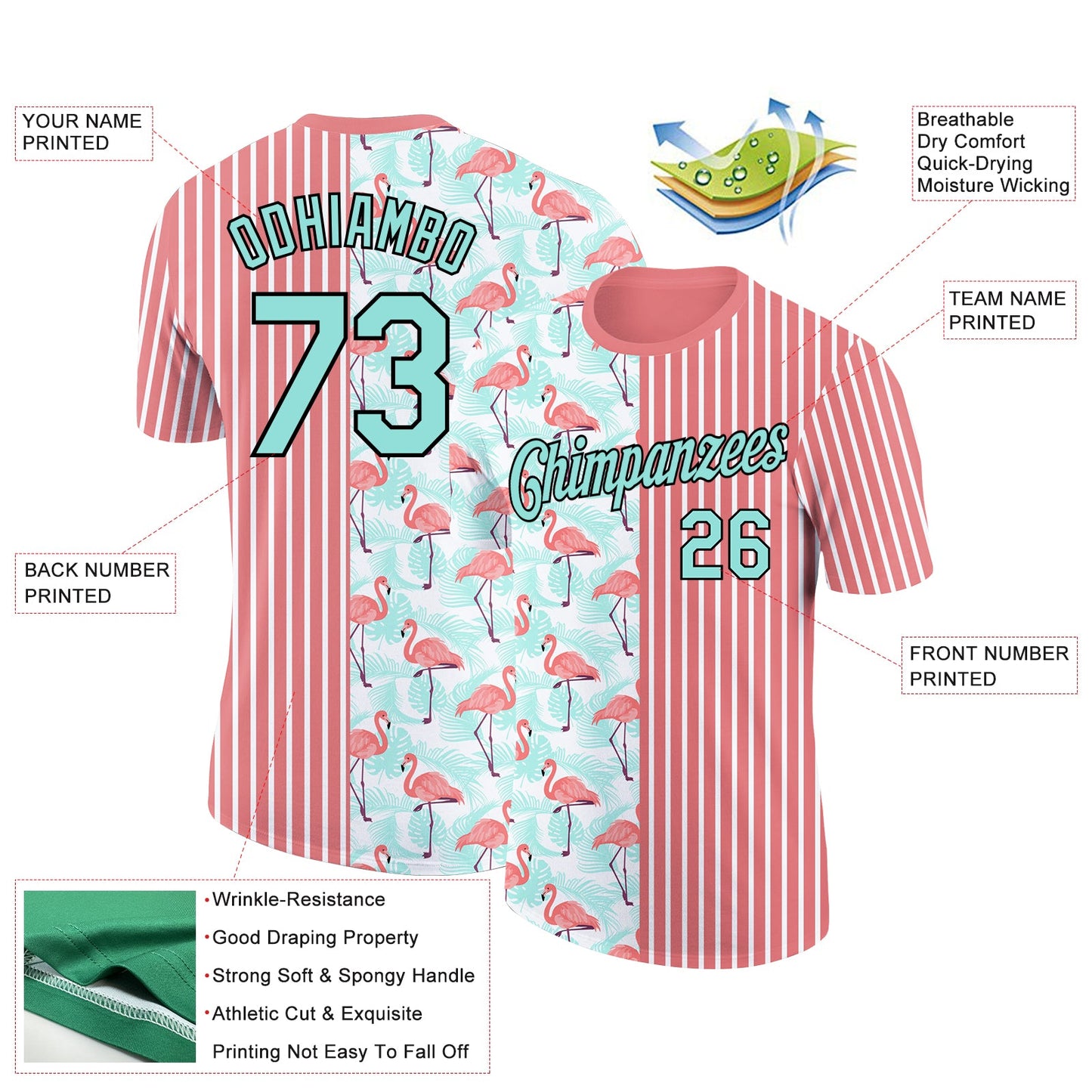 Custom Medium Pink Ice Blue-Black 3D Tropical Hawaii Palm Leaves And Animal Flamingo Performance T-Shirt view 2