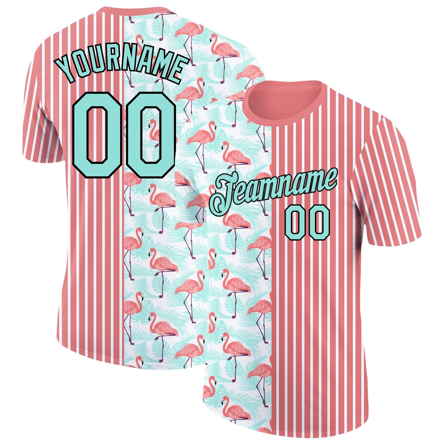 Custom Medium Pink Ice Blue-Black 3D Tropical Hawaii Palm Leaves And Animal Flamingo Performance T-Shirt - Main View
