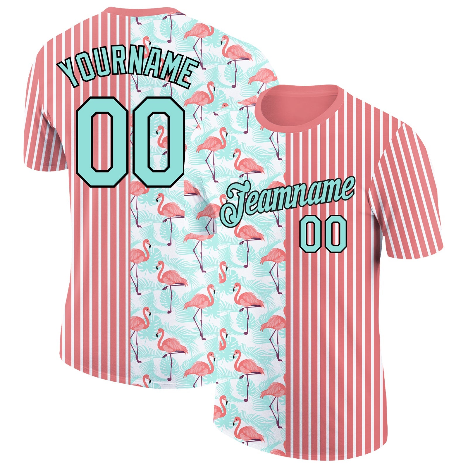 Custom Medium Pink Ice Blue-Black 3D Tropical Hawaii Palm Leaves And Animal Flamingo Performance T-Shirt - Main View