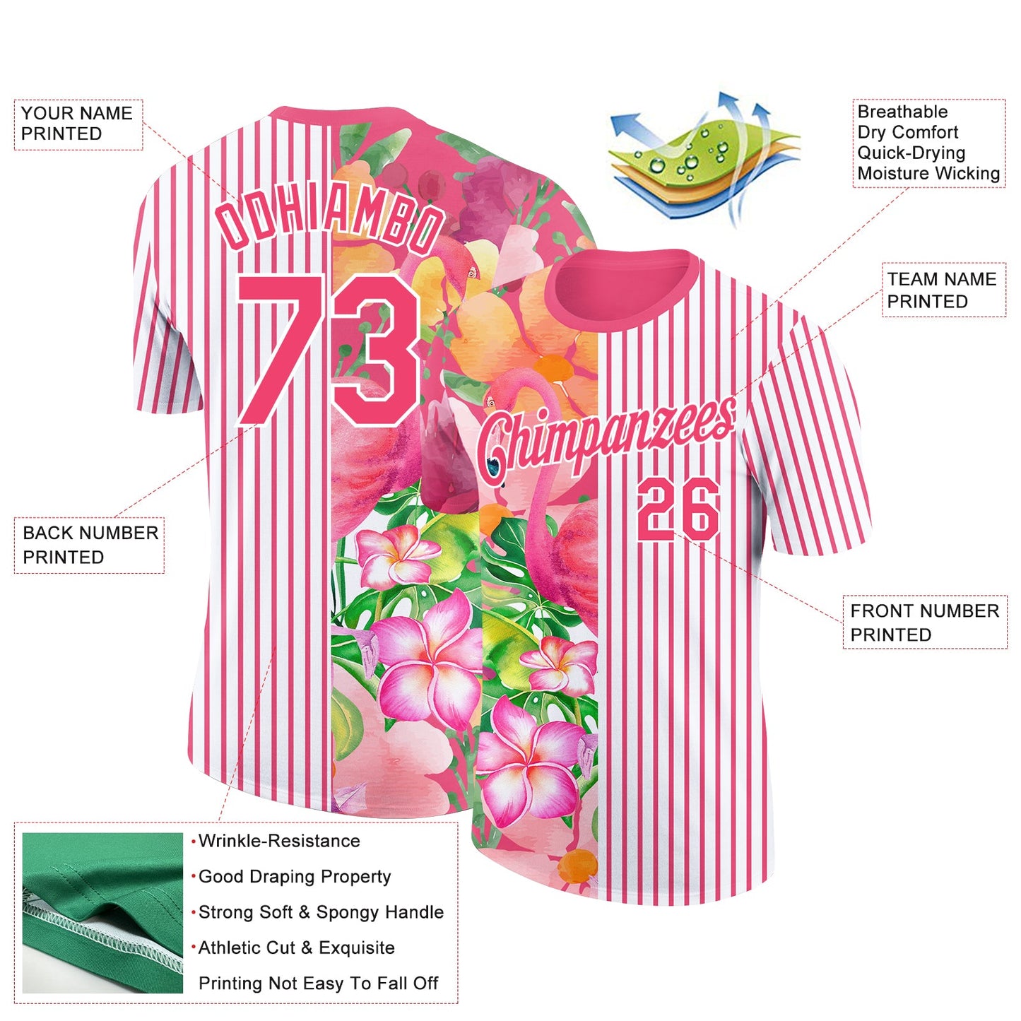 Custom Neon Pink White 3D Tropical Hawaii Palm Leaves And Flower Performance T-Shirt view 2
