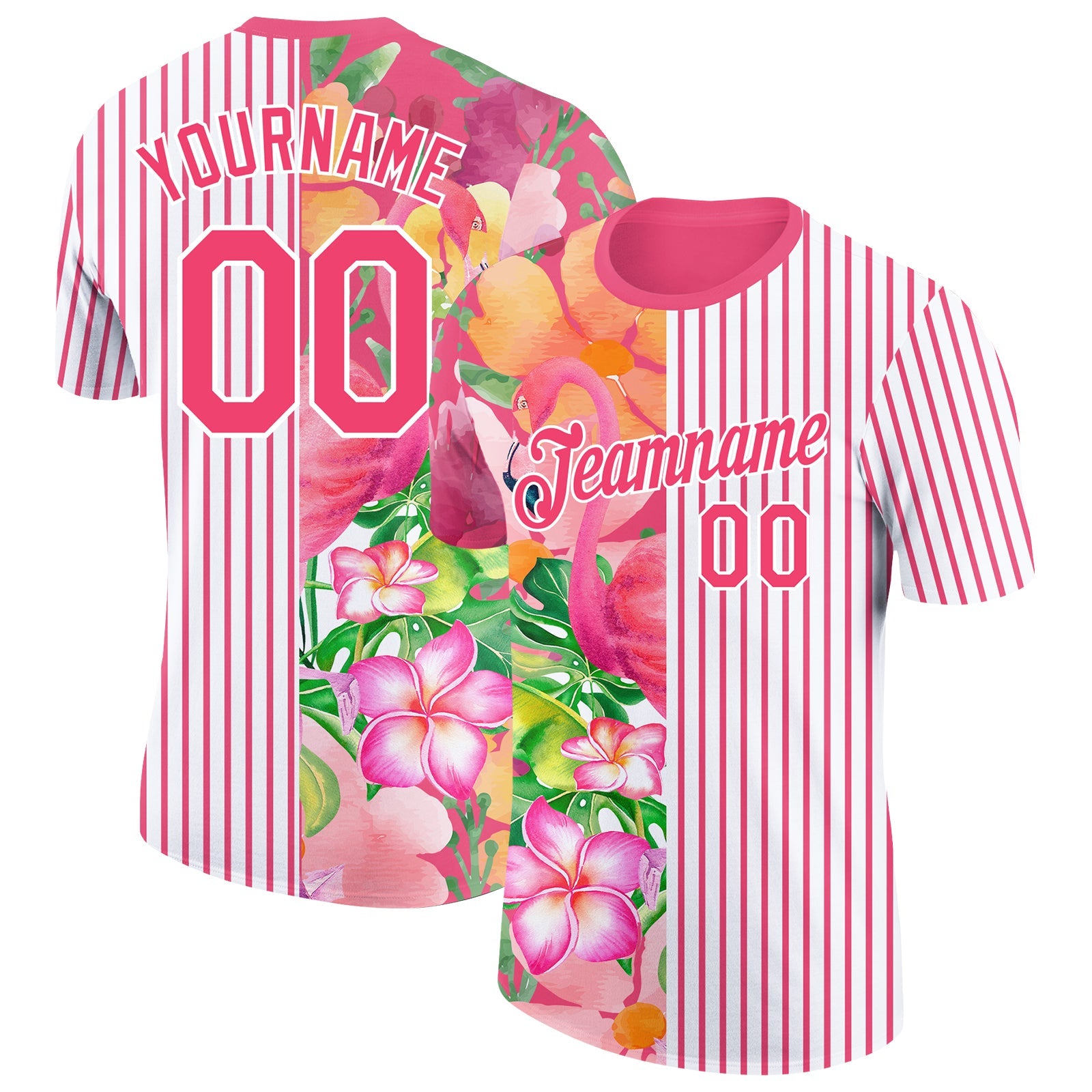 Custom Neon Pink White 3D Tropical Hawaii Palm Leaves And Flower Performance T-Shirt - Main View