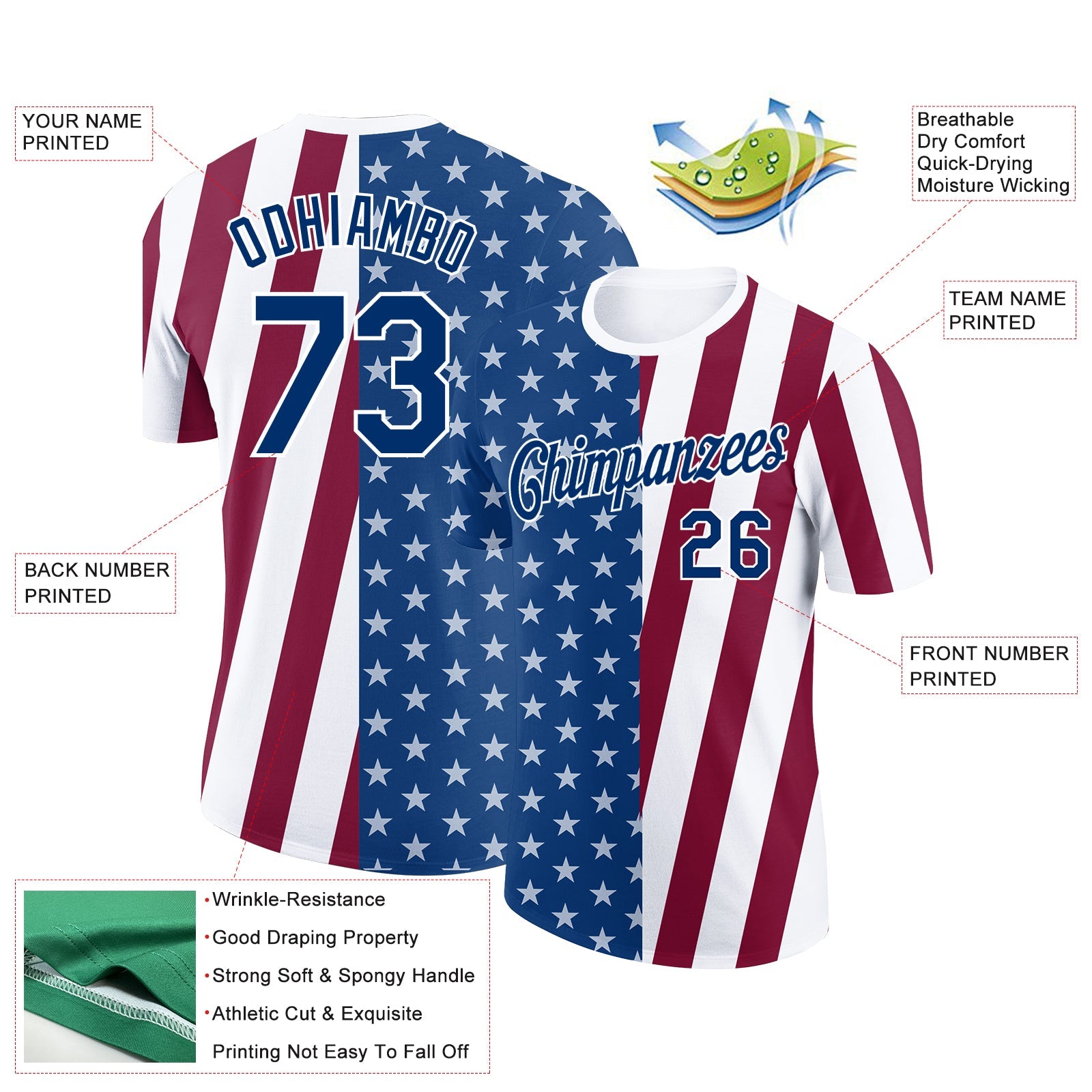 Custom White US Navy Blue-Maroon 3D Pattern Design Star Performance T-Shirt view 2