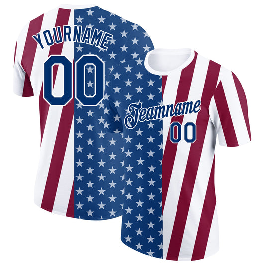 Custom White US Navy Blue-Maroon 3D Pattern Design Star Performance T-Shirt - Main View