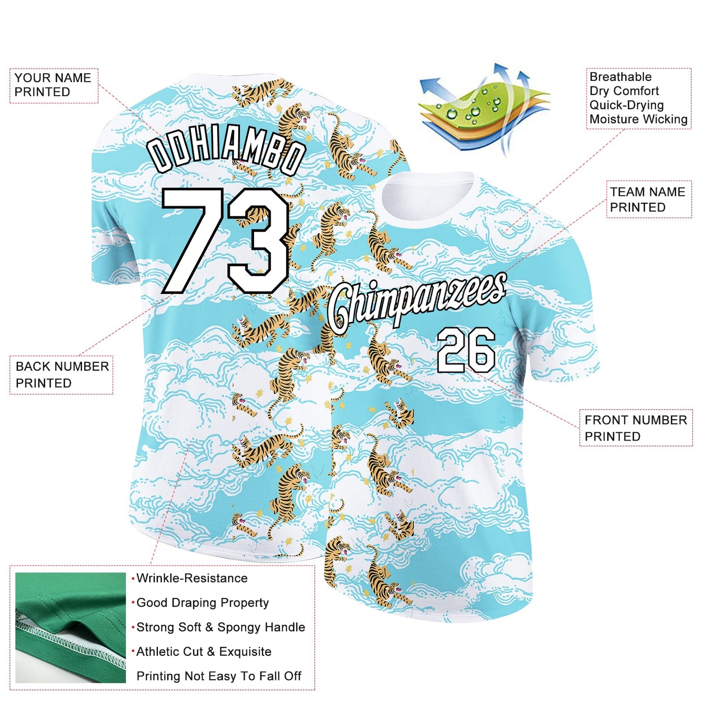 Custom Sky Blue White-Black 3D Pattern Design Animal Tiger Performance T-Shirt view 2